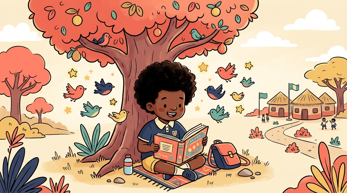 A Nigerian child reading under a tree, discovering the world through books