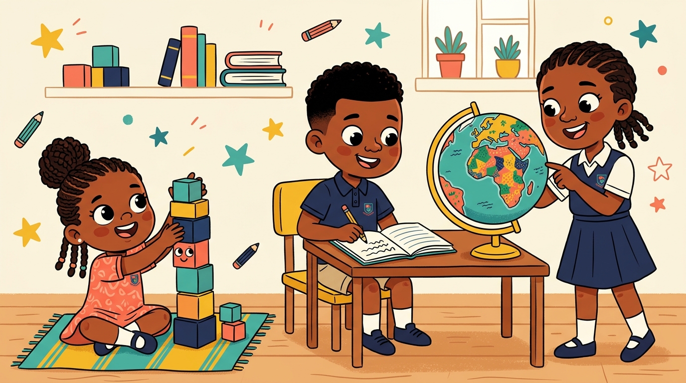 Children learning together in a bright, joyful classroom