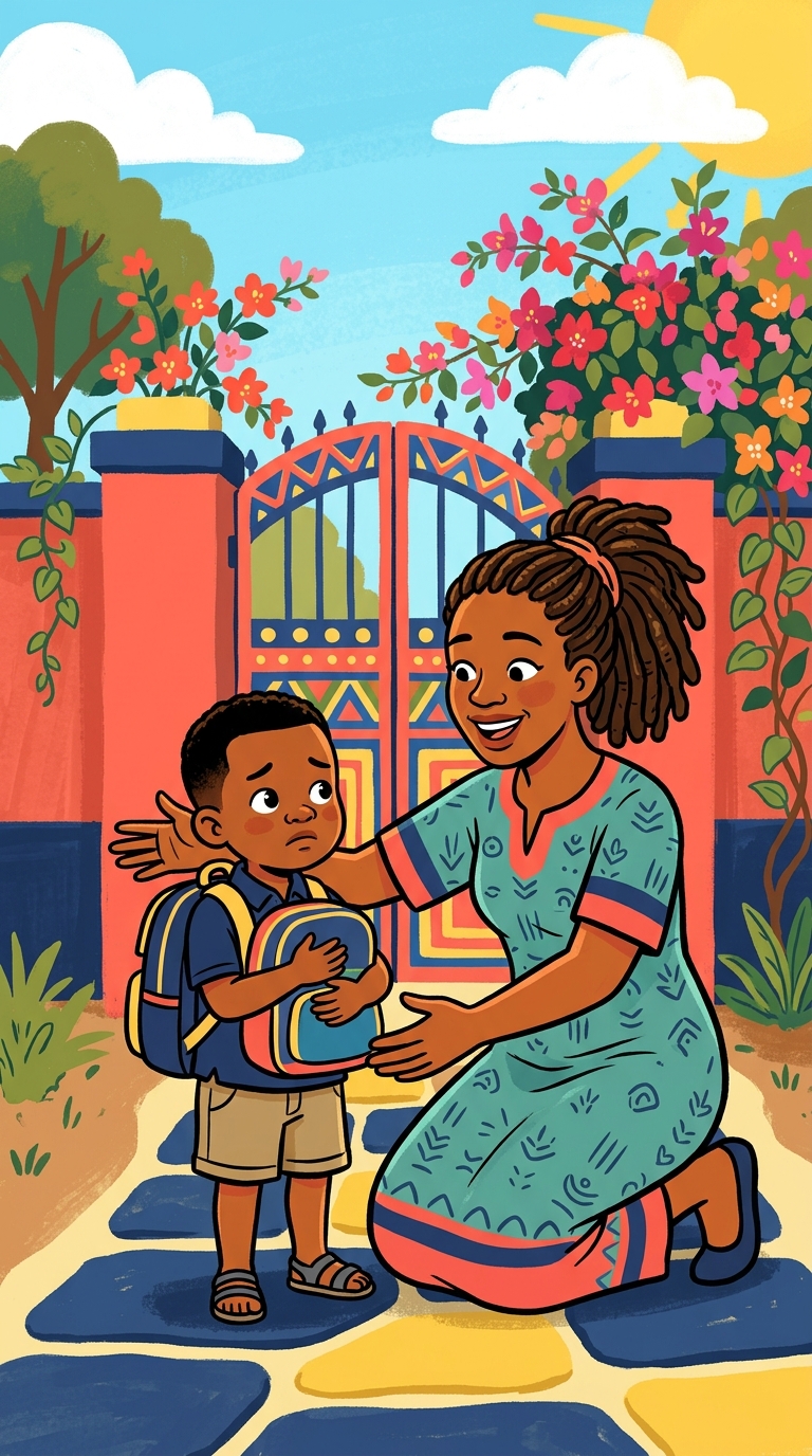 A teacher warmly welcoming a child at the school gate
